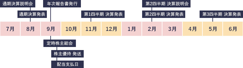 決算発表や個人投資家向け会社説明会など年間のIR活動に関するスケジュールを掲載しています。